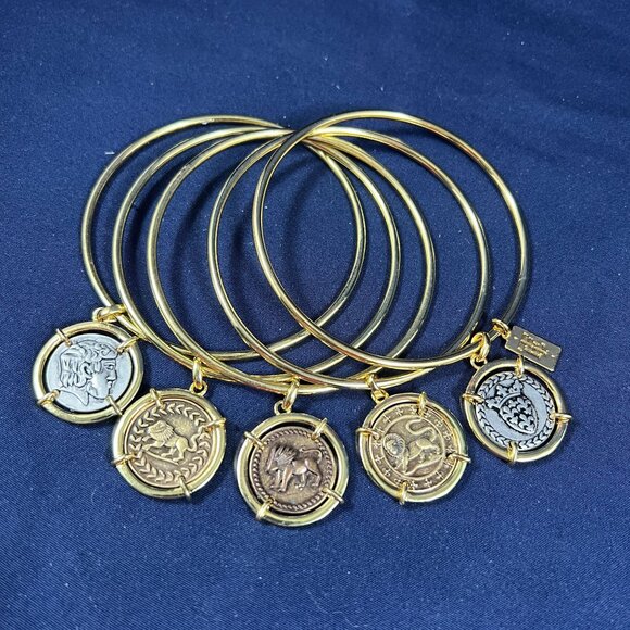 Elizabeth Taylor Greco-Roman Bangle Bracelets Set Of 5 Gold-Tone With Coin Charm - Picture 1 of 7
